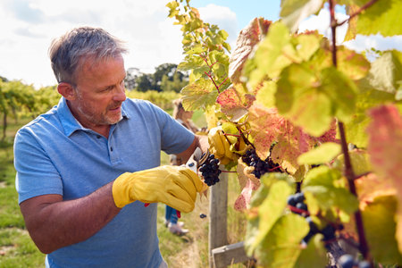 Mature Male Worker Harvesting Grapes From Vine In Vineyard For Wine Productionの写真素材