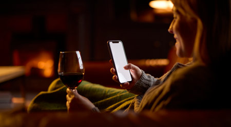 Woman At Home Lying On Sofa In Lounge With Cosy Fire With Blank Screen Mobile Phone Holding Glass Of Wineの写真素材