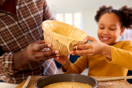 Family Shot With Father And Daughter Baking At Home In Kitchen Pouring Cake Mixture Into Tin