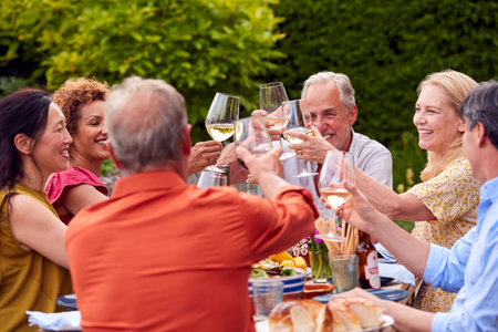 Group Of Mature Friends Talking And Making A Toast With Wine At Summer Party In Garden At Homeの写真素材