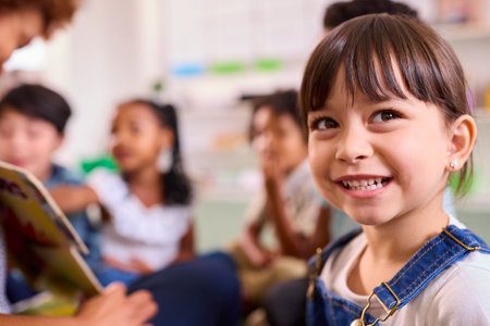 Portrait Of Smiling Female Elementary School Pupil Sitting In Classroom At Schoolの写真素材