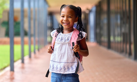 Portrait Of Smiling Female Elementary School Pupil Outdoors With Backpack At Schoolの写真素材