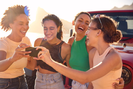 Laughing Female Friends On Vacation Having Fun Posing For Selfie By Open Top Car On Road Tripの写真素材