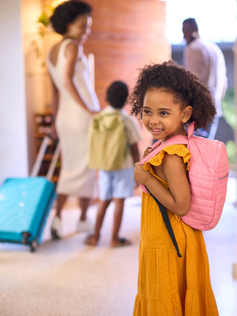 Portrait Of Girl By Door With Backpack As Family Leave Home For Holiday Or Vacationの写真素材