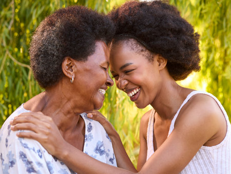 Multi-Generation Family With Senior Mother And Adult Daughter Laughing In Garden Togetherの写真素材