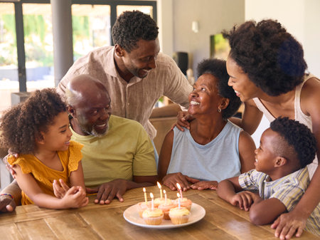 Multi-Generation Family Celebrate Grandmother's Birthday With Cake And Candles Around Table At Home