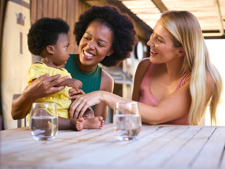 Same Sex Family With Two Mums Playing With Young Daughter Outdoors At Homeの写真素材