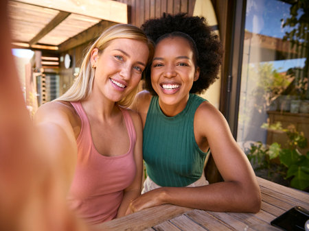 POV Shot Of Smiling Female Friends Outdoors At Home Posing For Selfie On Mobile Phone Togetherの写真素材