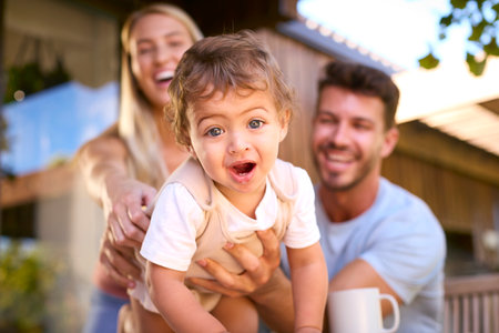 Family Shot As Parents Play With Young Son Crawling At Homeの写真素材