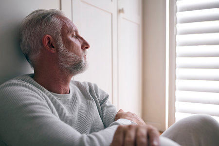 Close Up Of Depressed Senior Man Suffering With Poor Mental Health Sitting On Floor At Homeの写真素材