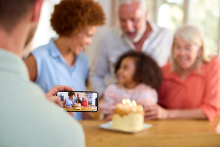 Dad Takes Photo As Multi-Generation Family Celebrate Granddaughter's Birthday At Home With Cakeの写真素材