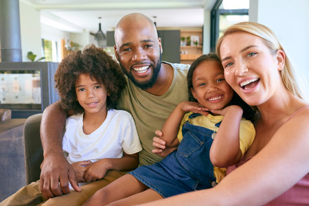 Portrait Of Smiling Family Hugging And Sitting On Sofa At Home Togetherの写真素材