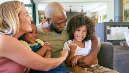 Portrait Of Smiling Family Hugging And Sitting On Sofa At Home Togetherの写真素材