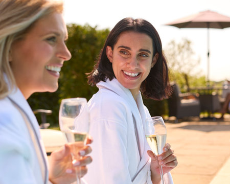 Two Mature Female Friends Wearing Robes Outdoors By Pool Drinking Champagne On Spa Dayの写真素材