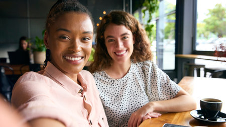 POV Shot Of Two Young Female Friends Meeting In Coffee Shop And Posing For Selfieの写真素材