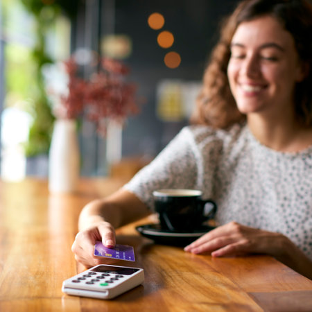 Woman In Coffee Shop Paying Bill With Contactless Card Payment