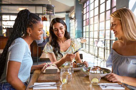 Group Of Female Friends Meeting Up In Restaurant Or Coffee Shop Looking At Mobile Phoneの写真素材