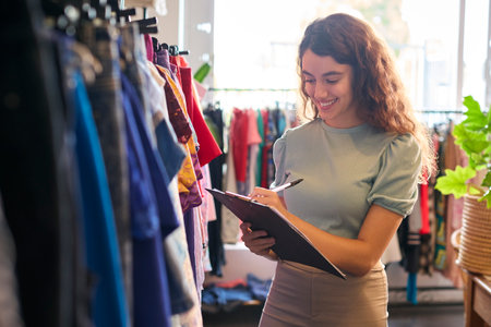 Female Owner Or Worker In Fashion Clothing Store Checking Stock With Clipboardの写真素材