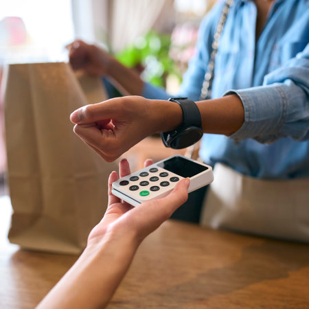 Close Up Of Female Customer In Fashion Store Making Contactless Payment With Smart Watchの写真素材
