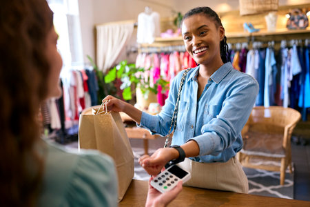 Female Customer In Fashion Store Paying For Clothes With Contactless Payment App On Smart Watchの写真素材