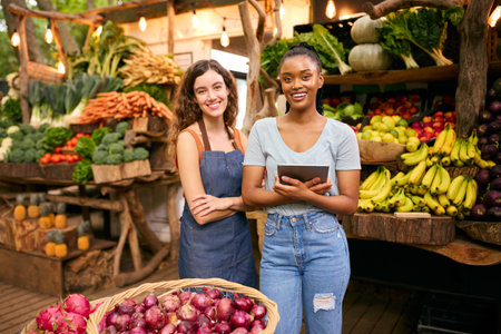 Portrait Of Two Smiling Women With Digital Tablet Working At Fresh Fruit And Vegetable Stall In...