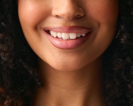 Close Up Studio Portrait Showing Mouth And Teeth Of Smiling Natural Womanの写真素材