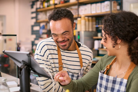 Woman Working In Food Shop Training Man With Down Syndrome How To Use Checkoutの写真素材