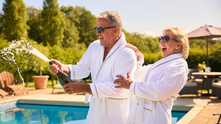 Senior Couple On Holiday Wearing Robes Opening Champagne By Hotel Swimming Pool On Spa Dayの写真素材