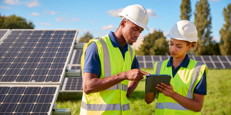Male And Female Engineers With Digital Tablet Inspecting Solar Panels Generating Renewable Energy