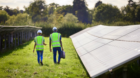 Rear View Of Male And Female Engineers Inspecting Solar Panels In Field Generating Renewable Energy