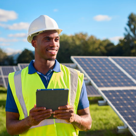 Portrait Of Male Engineer With Digital Tablet Inspecting Solar Panels Generating Renewable Energy