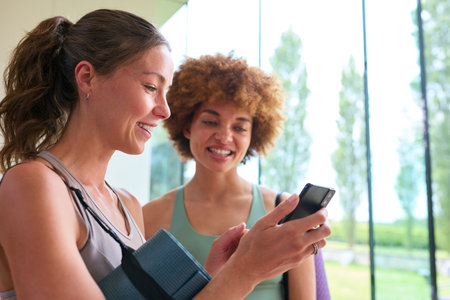 Two Female Friends Look At Mobile Phone Wearing Gym Clothing At Gym Or Yoga Studio For Exercise