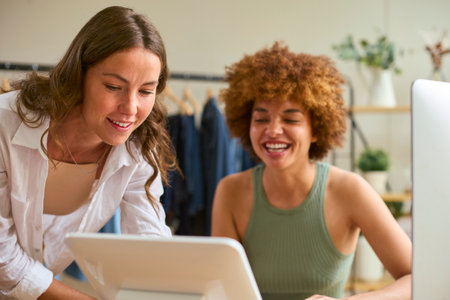 Two Women Friends Running Online Fashion Business From Home Togetherの写真素材