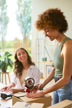 Two Women Friends Running Online Fashion Business From Home Togetherの写真素材