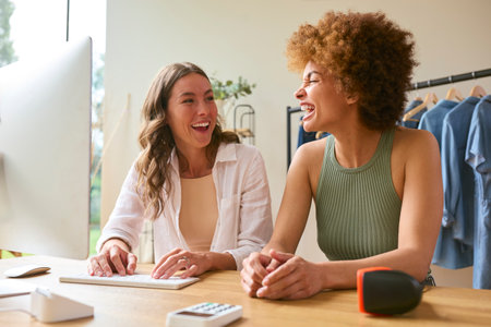 Two Women Friends Running Online Fashion Business From Home Working At Computerの写真素材