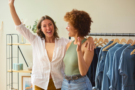 Two Women Friends Celebrating Successful For Their Online Fashion Business From Home Togetherの写真素材