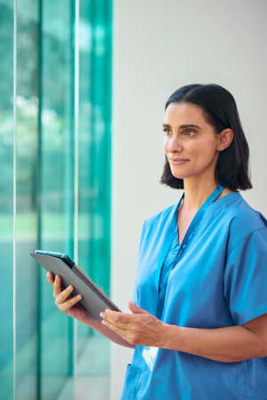 Mature Female Doctor Wearing Scrubs Using Digital Tablet In Hospital