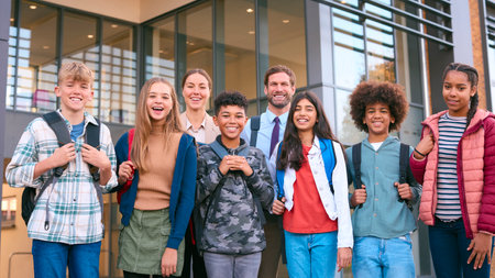 Portrait Of Class Of Secondary Or High School Pupils Standing Outside School Building With Teachersの写真素材