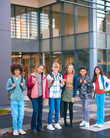 Portrait Showing Class Of Secondary Or High School Pupils Standing Outside School Buildingの写真素材