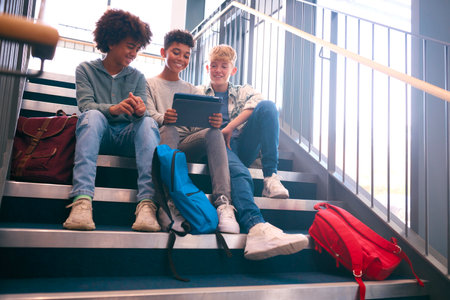 Three Male Secondary Or High School Pupils Inside School Building On Stairs With Digital Tabletの写真素材