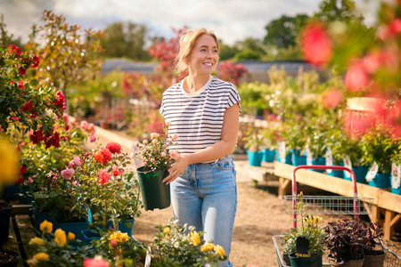 Woman With Trolley Outdoors In Garden Centre Choosing Plants And Buying Roseの写真素材
