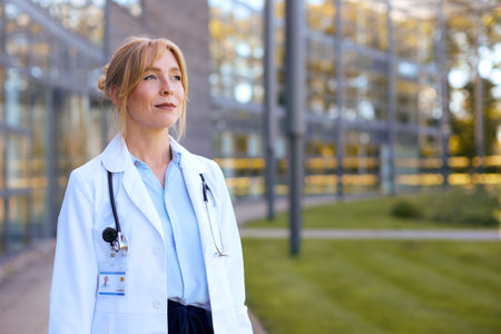 Portrait Of Female Doctor Wearing White Coat Standing Outside Modern Hospital Buildingの写真素材