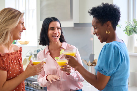 Three Mature Female Friends At Home Celebrating With Cocktails Togetherの写真素材