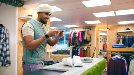 Male Sales Assistant In Pop Up Fashion Or Clothes Store Taking Picture Of Trainers On Mobile Phone