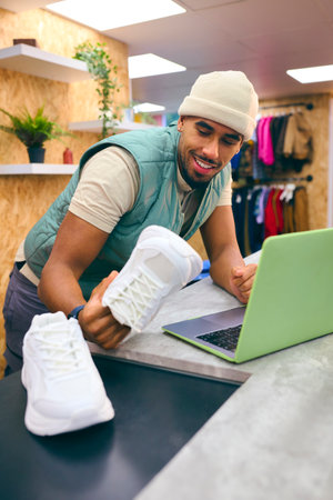 Male Sales Assistant At Cash Desk In Pop Up Fashion Or Clothes Store Selling Pair Of Trainers