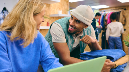 Male And Female Sales Assistant Working At Cash Desk With Laptop In Pop Up Fashion Or Clothes Store