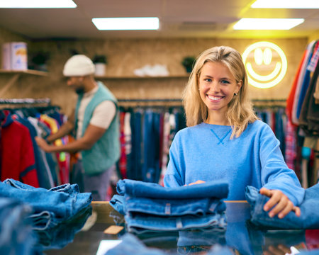Portrait Of Female Sales Assistant Or Customer Sorting And Looking At Jeans In Fashion Storeの写真素材