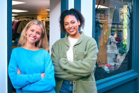 Portrait Of Female Sales Assistants Or Owners Standing Outside Fashion Or Clothes Storeの写真素材