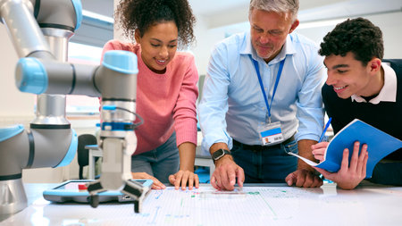Two College Or University Engineering Students And Male Teacher In Robotics Class Studying Robot Armの写真素材
