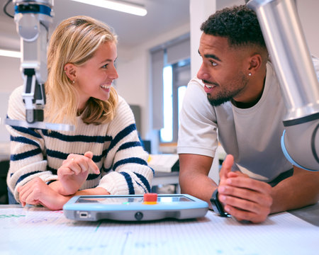 Male And Female College Or University Engineering Students In Robotics Class Working Together